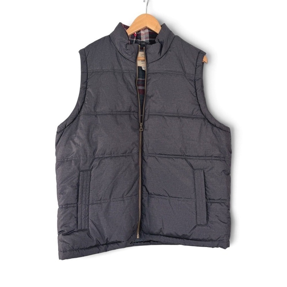 Weatherproof Vintage Mens XL Charcoal Gray Plaid Lined Puffer Vest Full Zip